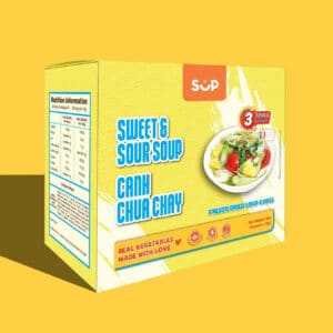 A box of Vegetarian Vietnamese Sweet and Sour Soup labeled "sup" featuring an image of the soup, nutritional information, and icons highlighting a 3-minute prep time and freeze-dried cubes.